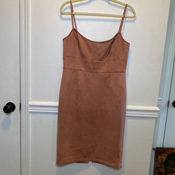 Feminine Bodycon Slip Dress BCBGMAXAZRIA Rust Faux Suede Spaghetti Strap NWT L - Picture 4 of 13